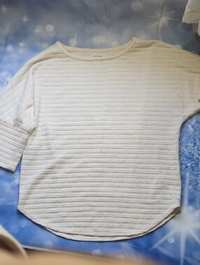 Max Studio Cream Striped Textured Short Sleeve Top